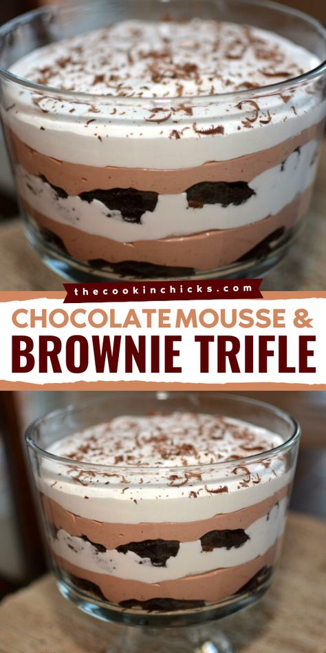 This easy chocolate mousse and brownie trifle is gonna be the hit of your summer dessert ideas! Learn how to make the best chocolate trifle dessert that everyone will rave over! Definitely, a show-stopping dessert! Triple Chocolate Trifle Recipe, Chocolate Pudding Truffle, Chocolate Brownie Trifle Desserts, Triple Chocolate Trifle, Chocolate Brownie Trifle Recipe, Easy Thanksgiving Desserts Chocolate, Chocolate Thanksgiving Deserts, Brownie Truffle Bowl Trifle Desserts, Thanksgiving Truffle Bowl