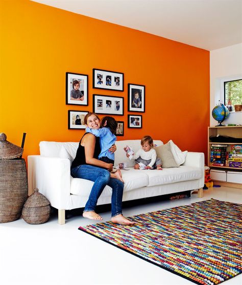 Orange Accent Walls, Interior Design Colleges, Ombre Wall, Room Wall Colors, Living Room Orange, Bedroom Orange, Floor Tile Design, Living Room Color Schemes, Orange Walls