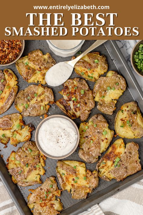 These are the BEST Smashed Potatoes! They are easy to make, simply seasoned, and baked to crispy perfection. A great side or appetizer for any occasion. Smashed Fingerling Potatoes, Smashed Potatoes Baked, Chicken Sausage Rolls, Potato Appetizers, Crispy Smashed Potatoes, Pulled Pork Sliders, Crispy Chicken Wings, Vegetarian Life, Pork Sliders