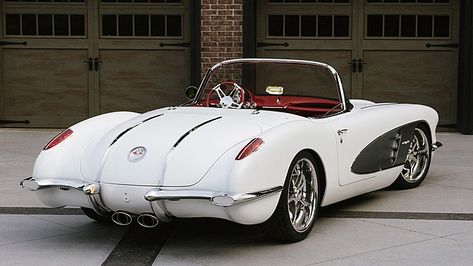 Rear End of 1958 RestoMod Corvette Custom Headliner, Denim Paint, Corvette Wheels, 1958 Corvette, Chevrolet Corvette C1, Resto Mod, Classic Corvette, Chevy Muscle Cars, Corvette Convertible