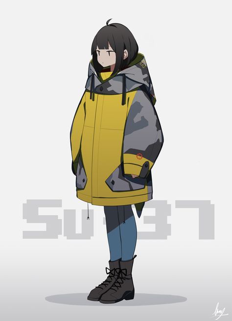 Baggy Jacket Drawing, Big Jacket Drawing, Baggy Jacket, Jacket Drawing, Anime Goth, Anime Witch, Cyberpunk Anime, Yellow Jacket, Terminator