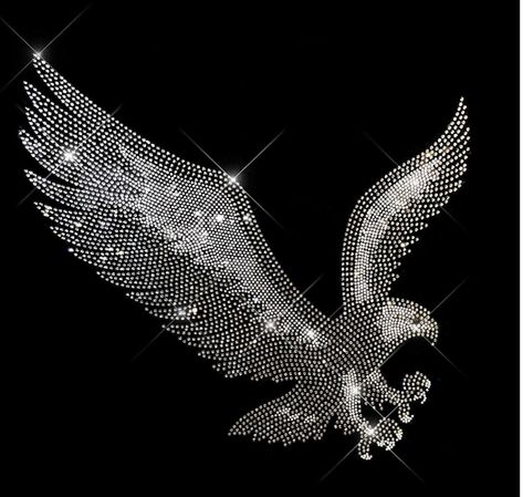 "Rhinestone Silver Eagle Heat Transfer ( Iron on ) design.  Silver Eagle iron-on design is part of our \"Animal\" collection. Each design is crafted with great attention to detail. These rhinestone designs and iron-on patches are essential for people who are creative and like to add dazzle to their clothes. With custom make  iron-on heat transfers, you will be able to create anything with bling. * Measurements H 10\" X W 10\" Preheat iron to cotton setting (about 320-340 degrees).   Place transf Rhinestone Heat Transfer, Clear Plastic Sheets, Flying Eagle, Eagle Design, Heat Transfer Design, Silver Eagle, Rhinestone Transfers, Hot Fix, Silver Eagles