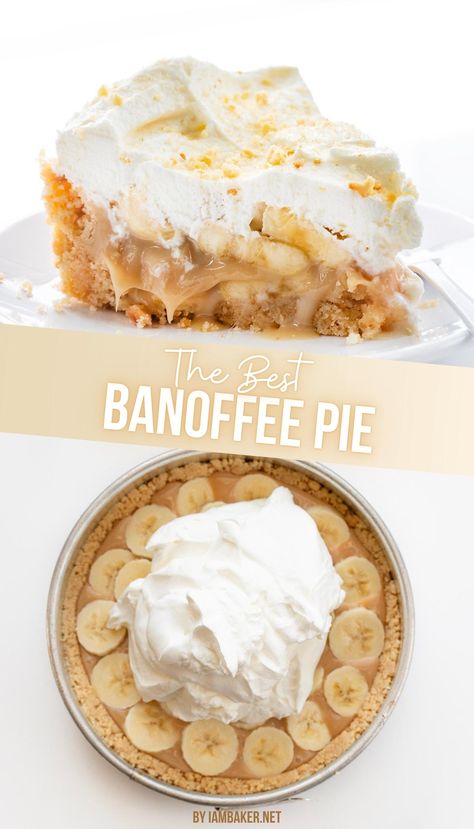 Two images, one is of a slice of banoffee pie on a white plate.   The second is an overhead image of the pie before spreading out the whipped topping. Cinnamon Treats, Banoffee Pie Recipe, Banana Cream Pie Recipe, Banana Dessert Recipes, Too Much Sugar, Good Pie, Eating Too Much, Banoffee Pie, Cream Pie Recipes