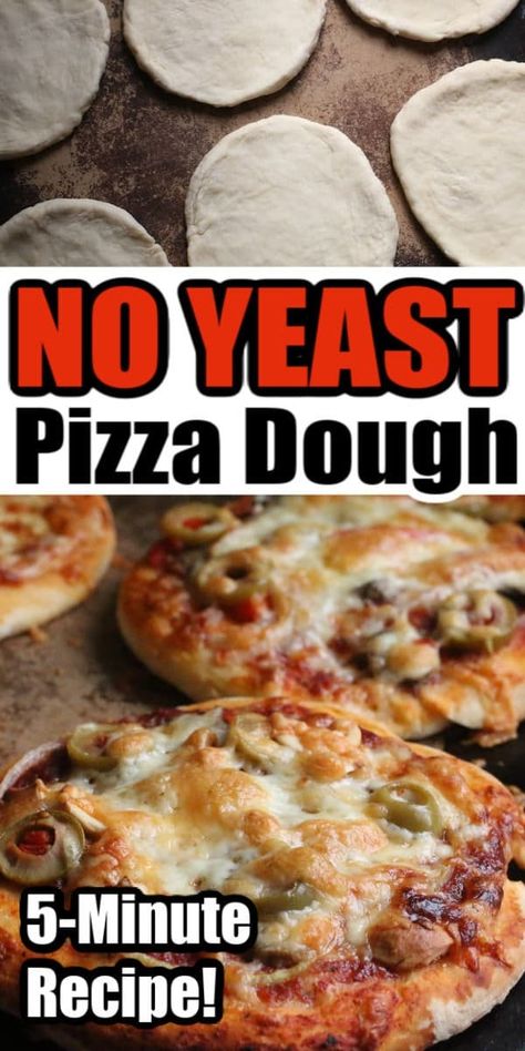 No yeast? No problem. This 5-ingredient, 5-minute no-yeast pizza dough recipe uses baking powder as a substitute for yeast. Perfect for one family-sized pizza or 6 mini personal-sized pizzas. #HappyHooligans #Homemade #Pizza #Dough #Crust #NoYeast #YeastFree #Quick #Easy #Recipe Yeast Pizza Dough, Pizza Crust Recipe Easy, Quick Pizza Dough, Easy Pizza Crust, No Yeast Pizza Dough, Homemade Pizza Crust, Quick Pizza, Pizza Dough Recipe Easy, Easy Pizza Dough