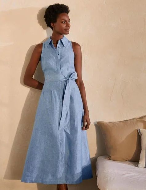 Dress With Waist Tie, Linen Shirt Dress Women, Sleeveless Shirt Dress Outfit, Blue Shirt Dress Outfit, Blue Linen Shirt Outfit Women, Linen Shirt Dress Outfit, Shirt Dresses For Women Classy, Chambray Dress Outfit, Shirtdress Outfit