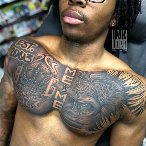 Male Chest Piece Tattoo, Black Male Chest Tattoos, Tattos With Meaning For Boys, Mens Black Tattoos, Gorilla Chest Tattoo Men, Me Vs Me Tattoo Men, Right Shoulder Tattoo Men, Black Men Shoulder Tattoo Ideas Quarter Sleeve, For All Mine Ill Lay Yours Tattoos For Men