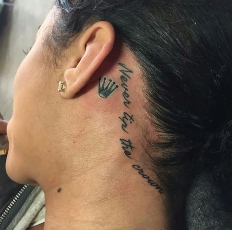 "Never tip the crown 👑" tattoo Crown Neck Tattoo, India Love Tattoos, A Crown Tattoo, Small Crown Tattoo, Behind Ear Tattoos, Side Neck Tattoo, Small Girly Tattoos, Neck Tattoos Women, Black Girls With Tattoos