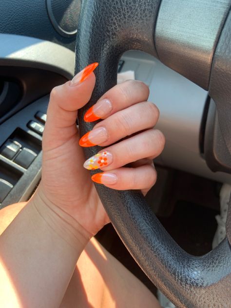 cute nails, summer nails, orange nails, flora nails, summer nail ideas, almond shaped nails, tennessee nails, Orange French Tip Nail Designs, Miami Nails Ideas Summer, Orange French Tip Design Nails, Summer Nail Ideas Orange, Orange Nail Inspo Short, Nails Acrylic Orange Tips, Miami Inspired Nails, Orange Nail Ideas Summer, Orange Nails Acrylic Design