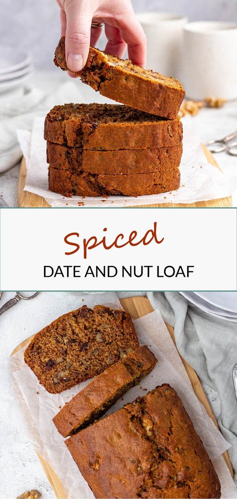 This spiced date and nut loaf are moist, flavoured with sweet dates and dotted with crunchy walnuts. A thick slice goes perfectly with the afternoon cup of tea! Date And Nut Muffins, Ginger And Date Loaf, Date And Nut Cake, Date And Nut Loaf Recipe, Walnut And Date Recipes, Spiced Date Cake, Date Loaf Cake, Date Walnut Loaf, Date And Nut Loaf