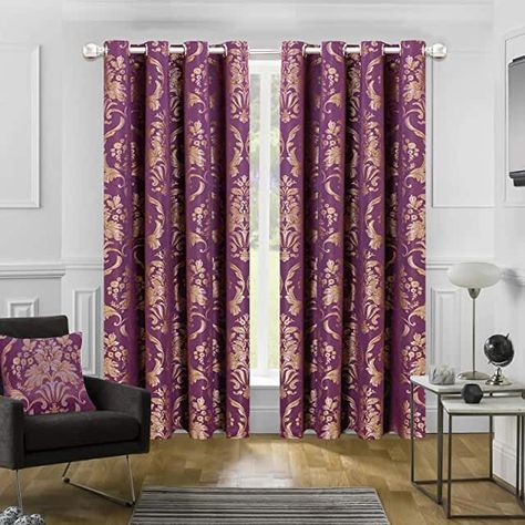 Purple And Gold Curtains, Purple Curtains Living Room, Room Bedroom Ideas, Color Curtains, Lilac Wall, Purple Curtains, Gold Curtains, Curtains Living, Plum Color