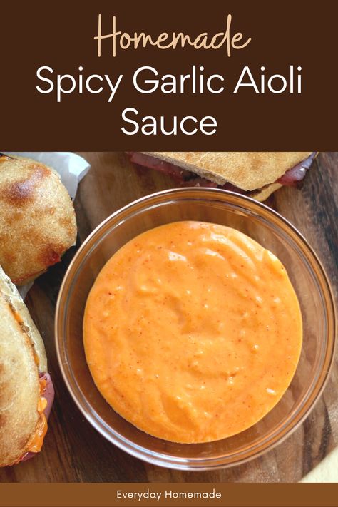 Make the best Homemade Spicy Garlic Aioli Sauce in just 10 minutes! This easy, homemade sauce features bold garlic and a spicy kick of sriracha. It's perfect for burgers, fries, salmon, chicken, and sandwiches. Elevate your meals with this versatile condiment, ideal as a dipping sauce or spread. Sandwich Condiment Recipes, Spicy Garlic Aioli Sauce, Spicy Aioli Sauce Recipe, Spicy Aioli Sauce, Chicken Burger Sauce, Spicy Garlic Aioli, Spicy Burger Sauce, Burger Sauces, Spicy Garlic Sauce