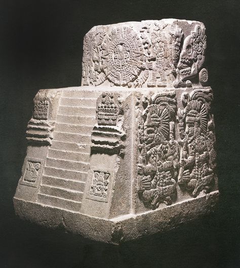 Teocalli Stone (Monument of Sacred War, 1507 AD) Motecuhzoma II throne ~ The magnificent stone monument variously referred to as the Monument of Sacred War, the Teocalli of Sacred War, the Temple Stone or, more simply, the throne of Motecuhzoma II, the Aztec king (tlatoani) who ruled at the time of the Spanish conquest, is covered with relief carvings of symbols, gods and Motecuhzoma himself. The throne, carved in the shape of a pyramid temple, commemorates the New Fire Ceremony of 1507 CE Stone Monument, Aztec Temple, Ancient Mexico, The Aztecs, Ancient Aztecs, Maya Art, Aztec Culture, Montezuma, Aztec Art