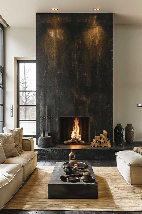 Contemporary living room with black fireplace wall and warm lighting. Black Fireplace Wall, Contemporary Fireplace Designs, Black Fireplace, Muebles Living, Living Room Decor Fireplace, Contemporary Fireplace, Fireplace Remodel, Fireplace Ideas, Home Fireplace