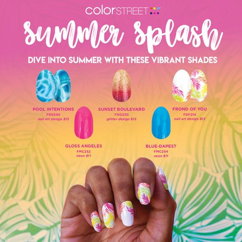 Color Street Nails Ideas, Splash Nails, Easy Manicure, Gel Manicures, Summer Nail Polish, Nail Gems, Diy Nails At Home, Sunset Boulevard, Blue Pool