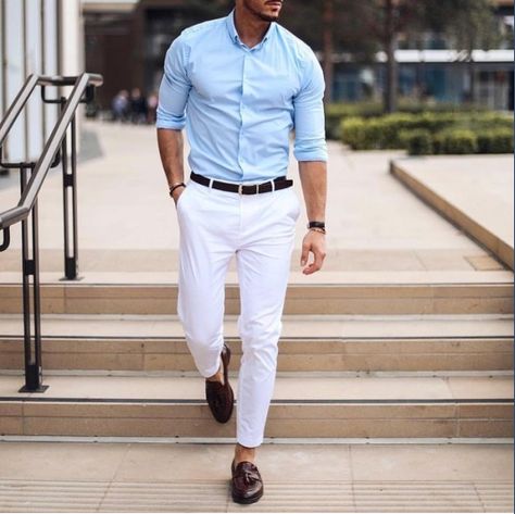 Sky Blue Shirt With White Chinos Look Sharp In Summer Sky Blue Shirt, Mens Fashion Casual Shoes, Shirt Outfit Men, Mens Fashion Business Casual, Mens Fashion Casual Winter, Mens Fashion Business, Men Fashion Casual Shirts, Formal Mens Fashion, Short Men Fashion