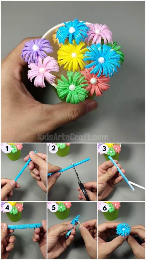 Drinking Straw Flower Craft Tutorial Check more at https://www.kidsartncraft.com/drinking-straw-flowers-craft-tutorial/ Straw Recycle Ideas, Straw Flowers Craft, Crafts With Straws, Straw Projects, Drinking Straw Crafts, Straw Craft, Straw Flowers, Straw Art, Straw Crafts