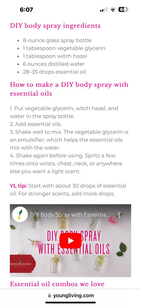 Diy Body Spray With Essential Oils, Body Mist Diy, Fragrance Oil Recipes, Homemade Body Spray, Body Spray Recipe, Diy Body Spray, Vanilla Body Spray, Essential Oil Perfumes Recipes, Waxing Moon