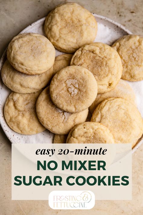 These sugar cookies are super soft and chewy, don't need a mixer to be made, and have no chill time! This is the fastest sugar cookie recipe you can make - they can be done in less than 20 minutes! All you need is one bowl and simple ingredients to make these insanely buttery and deliciously chewy sugar cookies. These are perfect holiday cookies for gifting and/or cookie boxes, or for any event! Fastest Cookie Recipe, Sugar Cookie No Chill, Fast Sugar Cookies, Cookies No Mixer, Cookies For Gifting, Simple Sugar Cookie Recipe, Super Easy Sugar Cookies, Small Batch Sugar Cookies, Sugar Cookie Recipe Easy