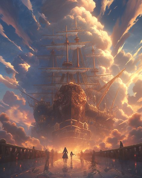 A gigantic steampunk ship is arriving. This is an anime-style artwork made by using Midjourney Niji. Flying Ship Fantasy Art, Ghost Ship Art, Fantasy Ship, Fantasy Ships, Steampunk Ship, Airship Art, Flying Ship, Steampunk City, Concept Vehicles Sci Fi