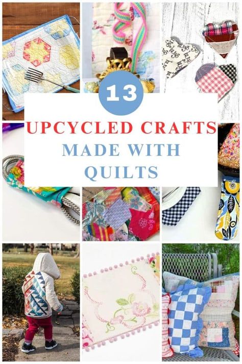 upcycled quilt crafts Crafts With Old Quilt Pieces, What To Do With Quilt Squares, Recycle Quilts Ideas, Vintage Quilt Scrap Projects, Repurposing Old Quilts Ideas, What To Do With Old Quilts Upcycle, What To Make Out Of Old Quilts, Pillows From Old Quilts, Vintage Quilt Craft Ideas