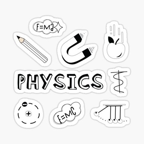 White Physics Subject Pack. Perfect gift for a kid, tween, teen or any age! Check out my portfolio for all the individual subject versions as I roll them out! e=mc2, f=ma, magnet, pencil, Newton’s cradle, electrons, Newton’s second law, Theory of special relativity, falling apple and Ph… • Millions of unique designs by independent artists. Find your thing. Physics Stickers Aesthetic, Physics Stickers Printable, Physics Stickers, Special Relativity, Penanda Buku, School Book Covers, Creative School Project Ideas, Physics Notes, College Stickers