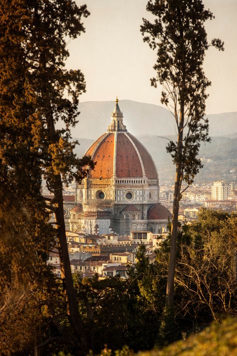 Florence Cathedral, formally the Cattedrale di Santa Maria del Fiore, is the cathedral of Florence, Italy. It was begun in 1296 in the Gothic style to a design of Arnolfo di Cambio and was structurally completed by 1436, with the dome engineered by Filippo Brunelleschi. This photo captures the Duomo through the trees as I was walking down the hilltops from the Abbey of San Miniato al Monte. The time of day was late afternoon and the sun was bathing the Duomo in golden light. This photo comes in Images Of Italy, Gothic Italian Aesthetic, Florence Core Aesthetic, Florence Astethic, Italy Florence Aesthetic, Florence Photoshoot, Italy In The Fall, Florence Architecture, Florence Aesthetic