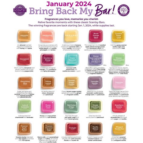 Scentsy Bring Back my Bar January 2024 Winners Scentsy Club, White Chocolate Ice Cream, My Bar, Sugar Cones, Scentsy Scent, Cherry Candy, Madagascar Vanilla, Scentsy Bars, Electric Candle Warmers