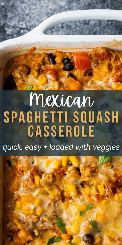 Mexican spaghetti squash casserole with ground turkey, black beans, corn and cheese. Easy to prepare with pantry staples, lower in carbs, and leftovers keep amazingly well! Freezer Spaghetti Squash, Spaghetti Squash Lunch Meal Prep, Spaghetti Squash Mexican Casserole, Spaghetti Squash Black Beans, Healthy Spaghetti Squash Recipes Ground Turkey, Spaghetti Squash Freezer Meal, Turkey Burger Spaghetti Squash, Freezer Squash Casserole, Spaghetti Squash Recipes With Ground Turkey