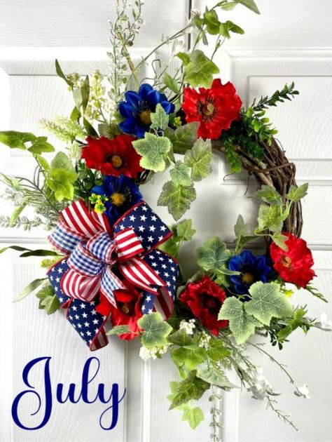 4th Of July Wreaths For Front Door, Patriotic Wreaths For Front Door Diy, Fourth Of July Flower Arrangements, Patriotic Wreaths For Front Door, Patriotic Door Decorations, Patriotic Front Porch, Patriotic Front Door, July Flower, Patriotic Door Wreath