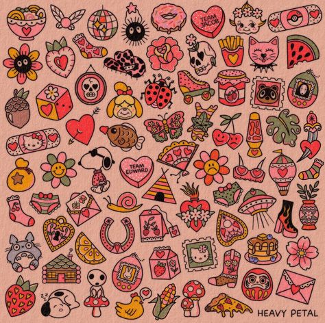 Sticker Sheet Tattoo, Dainty Tattoo Fillers, Small Cute Traditional Tattoos, Lower Leg Patchwork Tattoos, Fun Filler Tattoos, Small Tattoo Gap Fillers, Traditional Tattoo Background Filler, Seed Packet Tattoo, Cute Filler Tattoos For Women