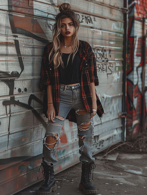 Rock an urban grunge outfit with ripped jeans, a flannel shirt, and combat boots. Perfect for a raw, rebellious look. Rock Grunge Outfits, Artist Aesthetic Outfit, 90s Grunge Fashion, Ripped Jeans Black, 90s Grunge Outfits, Bartender Outfit, Layered Clothing, Urban Grunge, Plain Black T Shirt