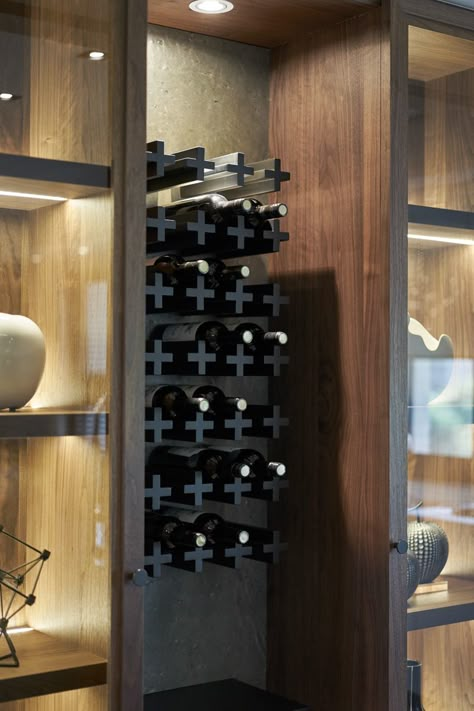 Wine storage above wine cooler,  with open storage lit for decor or featured kitchen items Wine Cellar Racks, Home Wine Cellars, Wine Cellar Design, Cellar Design, Wine Shelves, Wine Wall, Wine Display, Wine Store, Rack Design