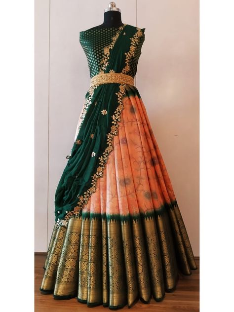 Half Silk Saree Designs, Half Saree Function Lehenga, Half Saree Set Designs, Half Sari Lehenga, Pattu Lehenga For Women, Traditional Half Saree Designs Pattu, Fancy Half Sarees, Half Saree Ideas, Half Saree Designs Simple