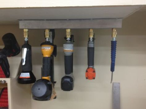 pneumatic nailer storage - by Eric @ LumberJocks.com ~ woodworking community Air Tool Storage Ideas, Pneumatic Tool Storage, Air Tool Storage, Brad Nailer Storage, Air Nailer Storage, Storage Shed Organization, Woodworking Garage, Woodworking Shop Plans, Power Tool Storage