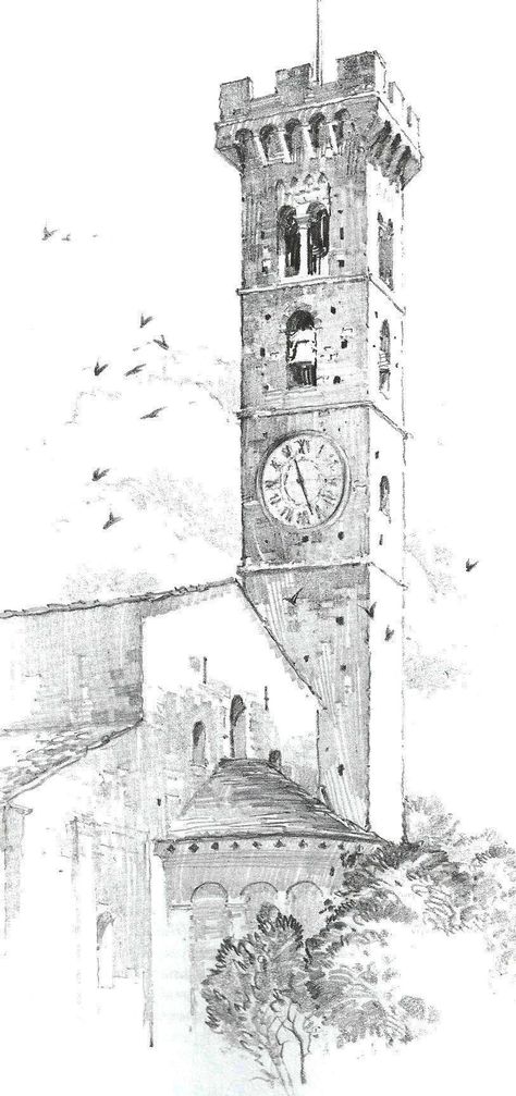 Sketch Building Sketch, Pencil Shading, Architectural Sketch, Landscape Drawings, Urban Sketching, 판타지 아트, Clock Tower, Architecture Sketch, Drawing Tutorials