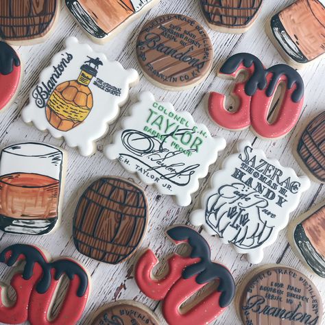 Guys Party Ideas, 30th Birthday Cookies, Whiskey Cookies, Bourbon Birthday, Retirement Cookies, Bourbon Cookies, Bourbon Party, Tooth Cookies, 60 Th Birthday