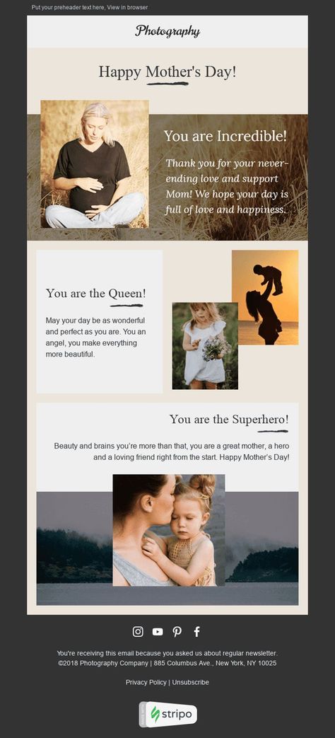 Mother’s Day Email Template "Happiness" for Photography industry. Explore our Mother’s Day Email Templates to find just the right look for you. #Email_Newsletter_Template #Email_Templates #Email_Design #Email_Marketing_Templates #Mailchimp #Newsletter #Email_Template #Newsletter_design_layout Mothers Day Email, Email Design Newsletter, Emailer Design, Newsletter Design Layout, Email Layout, You Are Incredible, Design Campaign, Holiday Emails, Email Template Design