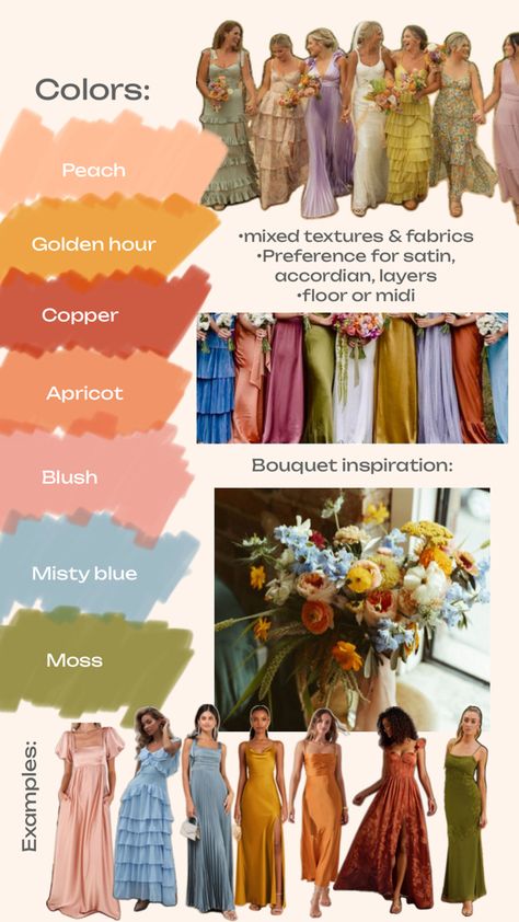 Country Wedding Colors, Bridesmaid Dress Color Schemes, Bridesmaid Color Scheme, Wildflower Wedding Theme, Bridesmaids Spring, Wedding Color Pallet, Forest Theme Wedding, Blush Bouquet, Dream Wedding Decorations