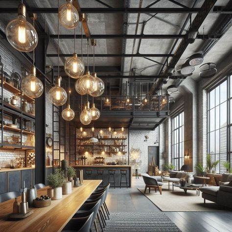 Industrial Modern Decor Industrial Interior Design Cafe, Industrial Commercial Design, Industrial Ceiling Design, Industrial Lobby Design, Industrial Cafe Interior Design, Industrial House Interior, Industrial Warehouse Home, Industrial Warehouse Design, Industrial Modern Decor