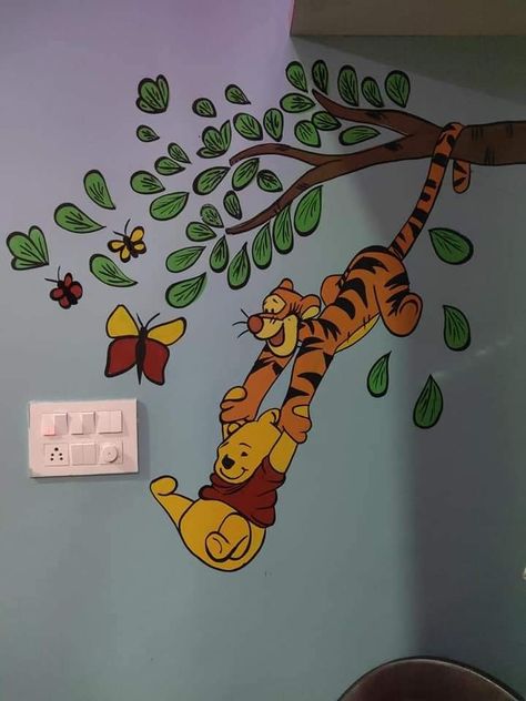 Cartoon Wall Painting Ideas, Cartoon Wall Painting, Simple Wall Paintings, Hand Print Tree, Daycare Rooms, Winnie The Pooh Drawing, Wall Painting Ideas, School Door Decorations, School Wall Art