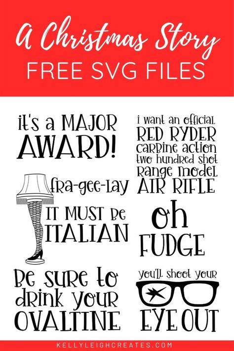 Use these Christmas Story SVG files to create fun holiday projects! Christmas Story Printables Free, Christmas Movie Quotes Svg, Christmas Vacation Printables Free, Christmas Story Shirts Vinyl, A Christmas Story Printables Free, A Christmas Story Window Display, Christmas Movie Svg Free, A Christmas Story Decorations Diy, A Christmas Story Shirt Ideas