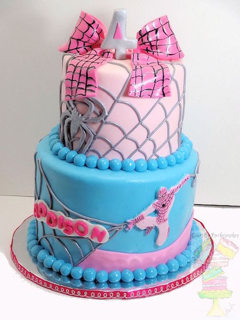 Girly Spiderman Cake. Pretty sure if I were to ever have a daughter this would happen Spider Man Cake, Spiderman Birthday Cake, Fondant Bow, Cake Girl, Marshmallow Fondant, Superhero Cake, Tiered Cake, Spiderman Cake, Spider Girl