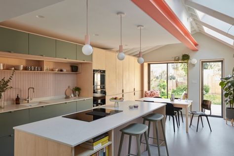 Studio Fabbri | Parkside House, East London A recently completed project for our director Gemma. This bright and... | Instagram Kitchen With Bifold Doors And Island, Pitched Roof Kitchen Extension, Kitchen Extension Before And After, Kitchen 2025, Basement Conversion, Window Seat Kitchen, Side Extension, London Kitchen, Rear Extension