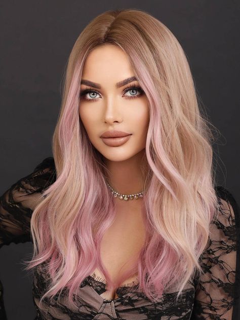 Piano Color  Collar  Synthetic Fiber  No Bangs Wig Embellished   Wigs & Accs Silvery Blonde, Blond Beige, Long Pink Hair, Platinum Hair Color, Straight Blonde Hair, Blonde With Pink, Blonde Curls, Ombre Pink, Icy Blonde