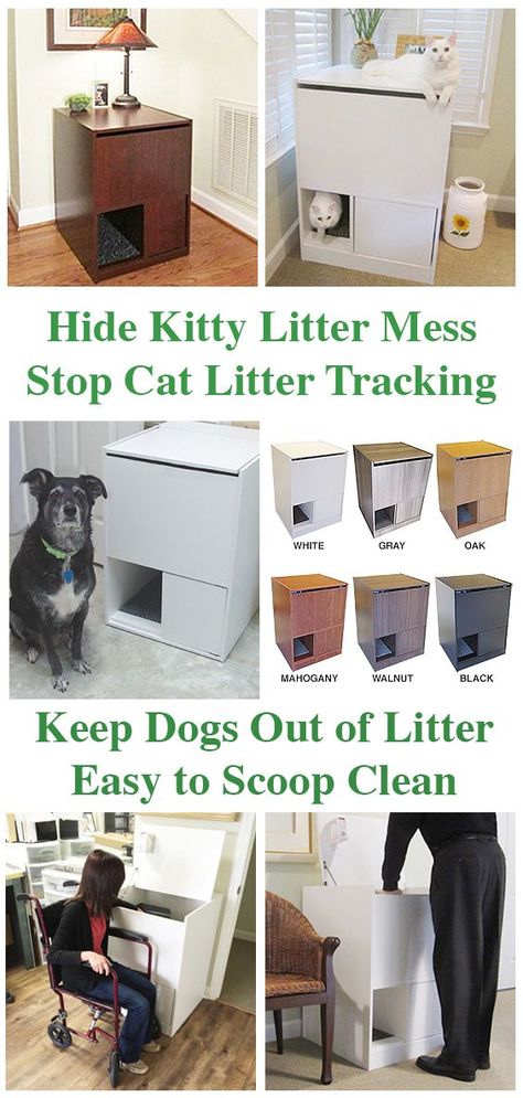 Hidden litter box that hides kitty litter mess, stops cat litter tracking, keeps dogs out of the litter box and easy to clean, no more kneeling. Made int the USA, available in White, Gray Woodgrain, Oak, Mahogany, Walnut and Black. Hidden Dog Crate, Dog Proof Litter Box, Hiding Cat Litter Box, Best Litter Box, Hidden Litter Boxes, Litter Tracking, Diy Dog Crate, Kitty Litter, Litter Box Furniture