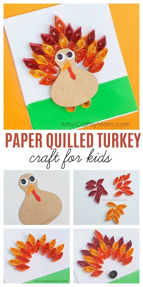 Decorated Turkey Feather For School, Paper Quilled Turkey, Thanksgiving Card Crafts For Kids, Paper Turkey Decorating Ideas, Thanksgiving Quilling Ideas, Thanksgiving Arts And Crafts For Teens, Turkey Paper Craft, Quilling Thanksgiving, Thanksgiving Cards Handmade Kids