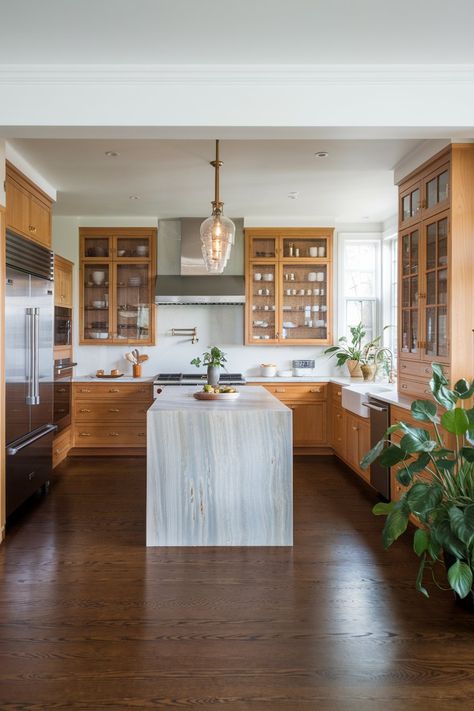 14 Modern Kitchens With Wood Cabinets You Will Love! – My Kitchen Inspo Kitchens With Wood Cabinets, Kitchen With Peninsula Layout, Modern Boho Kitchen, Black Kitchen Countertops, Brick Backsplash Kitchen, Light Wood Cabinets, White Subway Tile Backsplash, Black Countertops, Brick Kitchen