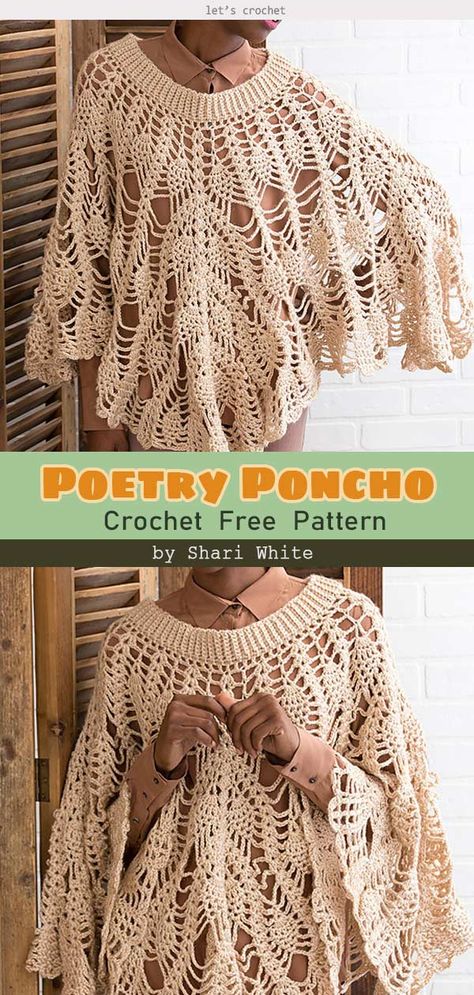 Poetry Poncho Free Crochet Pattern Crochet Poncho Kids, Lace Poncho, Crochet Poncho Free Pattern, Poncho Crochet, Crochet Shrug Pattern, Baby Frock Pattern, Crochet Keychain Pattern, Pineapple Crochet, Crochet Poncho Patterns