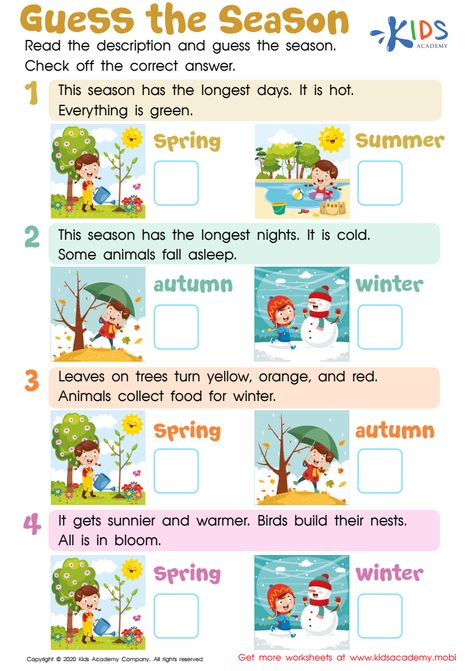 Weather Worksheets For Kids, Season Worksheet, Seasons Worksheets, Weather Worksheets, English Teaching Materials, 1st Grade Science, Seasons Activities, English Exercises, English Worksheets For Kids