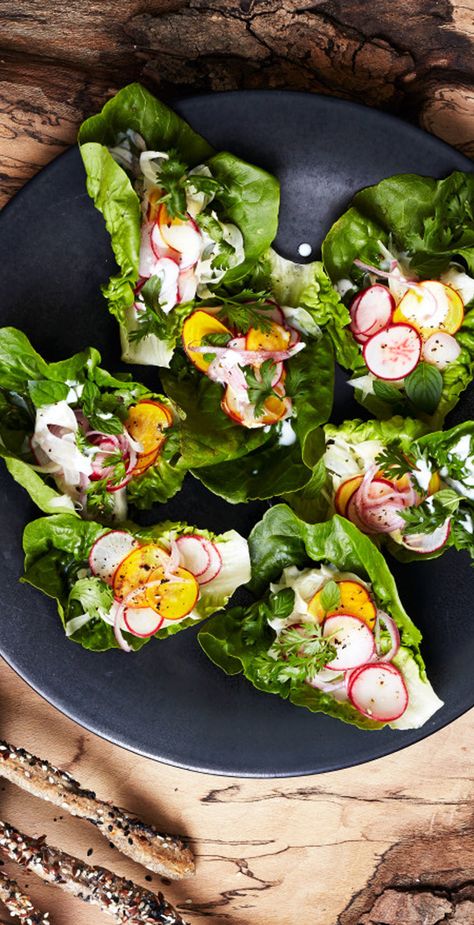 Pickled Vegetable Lettuce Cups. You can prep your vegetables ahead of time (store them in a zip-top bag in the crisper drawer), but wait to assemble these at the last minute. Quick Kimchi, One Bite Appetizers, Lettuce Cups, Broccoli Rice, Appetizer Bites, Pickled Vegetables, Snacks Appetizers, Lettuce Wraps, Radishes